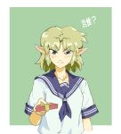 1girl blonde_hair blue_sailor_collar blush closed_mouth commentary cookie_(touhou) ear_blush english_commentary gift green_background green_eyes gummuru holding holding_gift joker_(cookie) looking_at_viewer mizuhashi_parsee pointy_ears sailor_collar school_uniform serafuku shirt short_hair short_sleeves solo touhou two-tone_background upper_body v-shaped_eyebrows white_background white_shirt 