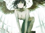  all_fours angel angel_wings backlighting bad_id bad_pixiv_id black_hair breasts green green_eyes medium_breasts monochrome nimirom nude original parted_lips solo wings 