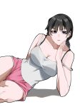  1girl alt_text arm_behind_back bare_legs bare_shoulders bra_strap breasts buruma camisole chainsaw_man collarbone eyelashes facing_viewer hand_on_own_chin highres lips lying medium_breasts miaasraff mitaka_asa on_side simple_background solo solo_focus twintails white_camisole 