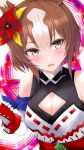  1girl absurdres animal_ears bare_shoulders blush breasts brown_eyes brown_hair cleavage cleavage_cutout clothing_cutout commentary_request detached_sleeves gloves hair_between_eyes hair_ornament highres horse_ears horse_girl layered_gloves looking_at_viewer medium_breasts multicolored_hair open_mouth pinwheel pinwheel_hair_ornament popoidraw red_gloves short_hair sleeveless smile solo umamusume white_hair yaeno_muteki_(blazed_head_covered_fists)_(umamusume) yaeno_muteki_(umamusume) 