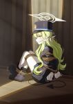  1girl absurdres arms_behind_back blue_archive boots bound bound_arms bound_legs brown_eyes cleave_gag cloth_gag demon_tail gag gagged gloves green_hair halo hat highres hikari_(blue_archive) improvised_gag jacket long_hair looking_at_viewer pantyhose pleated_skirt restrained shako_cap shibari shibari_over_clothes sitting skirt solo tail vakaosciosa very_long_hair white_gloves white_pantyhose 