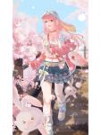 1girl animal animal_bag animal_ear_headwear animal_ears bag baseball_cap belt belt_buckle blue_skirt blue_sky blunt_bangs blushbunny_(infinity_nikki) bouncy_spirit_(infinity_nikki) bow brown_belt brown_eyes buckle cherry_blossoms chinese_commentary commentary_request day eyelashes fake_animal_ears fence floppy_ears frilled_skirt frills full_body grin happy hat heart highres holding holding_bag hood hood_down hooded_jacket infinity_nikki jacket knees leg_warmers light_particles lipstick long_hair long_sidelocks long_sleeves looking_ahead lop_rabbit_ears makeup midriff miniskirt navel nikki_(nikki) nikki_(series) open_clothes open_jacket outdoors pink_bag pink_hair pink_hat pink_jacket pink_lips polka_dot polka_dot_bow pom_pom_(clothes) puffy_long_sleeves puffy_sleeves rabbit rabbit_bag rabbit_brooch rabbit_ears running second-party_source shade shaobai_bu_shi_zhi'aiwu shoes sidelocks sidewalk skirt skirt_bow sky sleeves_past_wrists smile sneakers spring_(season) tank_top tree vertical-striped_leg_warmers white_bow white_hood white_leg_warmers white_tank_top yellow_shoes 
