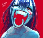  1girl artist_name blood blood_on_body chainsaw_man collarbone commentary crazy cross_scar eyelashes ginka_jack hair_between_eyes highres laughing long_hair one_eye_closed open_mouth red_background red_eyes ringed_eyes scar scar_on_cheek scar_on_face scar_on_nose simple_background teeth yoru_(chainsaw_man) 