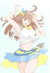  1girl :d armpits bare_arms belt belt_buckle blue_belt blue_panties blue_skirt blush breasts brown_eyes brown_hair buckle clothes_lift commentary_request cowboy_shot dot_nose floating_hair hair_ornament hair_ribbon hands_up highres jumping long_hair midriff midriff_peek miniskirt open_mouth original panties pantyshot ribbon shirt shirt_lift simple_background skirt skirt_lift sleeveless sleeveless_shirt smile solo tterusann two-tone_skirt underwear white_background white_shirt wing_hair_ornament yellow_ribbon yellow_skirt 