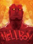  1boy bara beard broad_shoulders character_name chinstrap_beard close-up commentary demon demon_boy demon_horns english_commentary facial_hair frown hamamoto_ryuusuke hellboy hellboy_(comic) horns looking_at_viewer male_focus orange_background yellow_eyes 