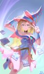  1girl :q absurdres arm_up blonde_hair blue_boots blue_dress blue_eyes blue_gem blue_hat boots bracer breasts capelet card chinese_commentary closed_mouth commentary_request commission covered_navel dark_magician_girl dated dress duel_monster floating_card foot_out_of_frame gem hair_between_eyes hand_on_headwear hand_up hat highres jewelry kitkallos_(yu-gi-oh!) large_breasts long_hair looking_at_viewer lovely_labrynth_of_the_silver_castle neck_ring off-shoulder_dress off_shoulder pink_capelet pink_skirt pixiv_commission rare_lemon showgirl_skirt skirt solo standing standing_on_one_leg tearlaments_kitkallos tearlaments_rulkallos tongue tongue_out v very_long_hair wizard_hat yu-gi-oh! 