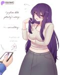 1girl 1other @_@ absurdres adversarial_noise arm_under_breasts artist_name averting_eyes blush bra_strap breasts cellphone commentary cowboy_shot doki_doki_literature_club embarrassed english_commentary english_text hair_between_eyes hand_in_own_hair heart highres holding holding_phone long_hair long_sidelocks looking_to_the_side midriff nervous_smile nervous_sweating open_mouth out_of_frame patreon_logo patreon_username phone purple_eyes purple_hair raion_(raionart) sidelocks sideways_glance simple_background skirt smartphone smile sweat sweater talking tongue very_long_hair white_background yuri_(doki_doki_literature_club) 