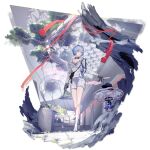  1girl angel architecture arknights bag bare_tree black_bag black_hat blue_hair bow bowl bowl_hat bowtie bra breasts chain cleavage closed_mouth collar collarbone day detached_collar detached_wings drone earrings energy_wings fake_facial_hair fake_mustache full_body gloves grey_bow grey_bowtie grey_bra grey_eyes grey_gloves gun halo hat highres holding holding_gun holding_weapon jewelry lace-trimmed_bra lace_trim looking_at_viewer medium_breasts mismatched_earrings official_alternate_costume official_art oguchi outdoors pink_halo pink_wings red_rope rope safety_pin_earring shirt shoes short_hair shorts shoulder_bag single_off_shoulder socks solo spuria_(arknights) spuria_(humming_at_ease)_(arknights) suppressor third-party_source transparent_background tree underwear walking weapon white_collar white_shirt white_shoes white_shorts white_socks wings 