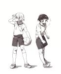  2girls ball boro_(tn-boro) commentary_request highres holding holding_ball kaori_ninotsugi mahou_shoujo_ikusei_keikaku mahou_shoujo_ikusei_keikaku_limited monochrome multiple_girls shirt shoes short_hair soccer_ball socks sportswear tatsuko_sakaki white_background white_shirt white_socks 