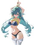  1girl absurdres aqua_eyes aqua_hair armpits arms_up bdsm blue_bra blue_panties bondage bound bound_wrists bra breasts clothes_lift clothes_pull commentary flower genshin_impact hair_flower hair_ornament highres long_hair looking_at_viewer naifu_taihen navel panties pants pants_pull rope shibari shirt_lift simple_background solo stomach tank_top underwear very_long_hair vodyanitsa_(genshin_impact) white_background white_pants yellow_tank_top 