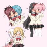  !? 6+girls akemi_homura black_hair black_pantyhose black_skirt blonde_hair blue_hair blush bow bowtie closed_mouth commentary_request dress drill_hair hand_on_another's_shoulder hand_on_another's_waist heart highres holding_hands hug interlocked_fingers juliet_sleeves kaname_madoka kiss kissing_cheek long_hair long_sleeves mahou_shoujo_madoka_magica mahou_shoujo_madoka_magica:_hangyaku_no_monogatari miki_sayaka mitakihara_school_uniform momoe_nagisa multiple_girls nervous_sweating ninchan_221 one_eye_closed pantyhose parted_lips pink_background pink_dress pink_eyes plaid_clothes plaid_skirt pleated_skirt ponytail puffy_sleeves red_bow red_bowtie red_eyes red_hair sakura_kyoko school_uniform shirt short_hair short_twintails simple_background skirt sweat thighhighs tomoe_mami twin_drills twintails white_hair white_thighhighs yellow_eyes yellow_shirt yuri 
