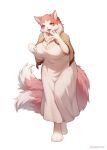  1girl absurdres animal_ear_fluff animal_ears animal_nose body_fur breasts cat_ears cat_girl cat_tail commentary dress english_commentary furrification furry furry_female hand_to_own_mouth hand_up highres large_breasts mamanyan mature_female multicolored_fur multiple_tails neko_to_ryuu open_mouth purple_eyes red_fur simple_background snout solo tail two-tone_fur two_tails white_background white_dress white_fur 