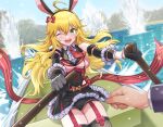  1boy 1girl :d ;d ahoge animal_ear_hairband animal_ears bad_id bad_twitter_id black_gloves black_hairband black_shorts black_skirt blonde_hair boat bow breasts commentary_request day fake_animal_ears fishnet_thighhighs fishnets gloves green_eyes hair_bow hair_ornament hairband hanamasa_ono heart heart_hair_ornament highres hoshii_miki idolmaster idolmaster_(classic) idolmaster_million_live! idolmaster_million_live!_theater_days long_hair looking_at_viewer medium_breasts miniskirt necktie official_alternate_costume one_eye_closed open_mouth out_of_frame outdoors producer_(idolmaster) rabbit_ear_hairband rabbit_ears red_bow red_necktie rowboat rowing shorts shorts_under_skirt sitting skirt smile solo_focus thighhighs water watercraft 