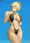  1girl absurdres bare_arms bare_shoulders bilingual_commentary black_slingshot_swimsuit blonde_hair blue_eyes breasts bright_pupils commentary_request covered_nipples cowboy_shot criss-cross_halter earrings english_commentary girls'_frontline girls'_frontline_2:_exilium hair_intakes halterneck hands_on_own_chest highres j_adsen jewelry large_breasts looking_at_viewer mixed-language_commentary mole mole_under_eye navel nikketa_(girls'_frontline_2) parted_lips russian_commentary short_hair slingshot_swimsuit solo standing swimsuit thighs_together vsk-94_(girls'_frontline) white_pupils 