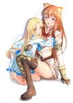  2girls ahoge animal_ear_fluff animal_ears bare_legs barefoot belt bird_girl bird_wings blonde_hair blue_dress blue_eyes blush boots brown_belt brown_boots brown_fur brown_hair child closed_mouth commentary_request dress feathered_wings filo_(tate_no_yuusha_no_nariagari) fur-trimmed_gloves fur_trim gauntlets gloves highres hug knee_boots kneeling kyonko_(haruhikyonko) leather leather_boots long_hair long_sleeves metal_arm_cuffs metal_wrist_cuffs multiple_girls neck_ribbon open_belt open_mouth partial_commentary pink_eyes raccoon_ears raccoon_girl raphtalia red_ribbon ribbon short_dress simple_background sitting sketch smile straight_hair tanuki tate_no_yuusha_no_nariagari thick_thighs thighs two-tone_dress white_background white_dress white_wings wide_hips wings 