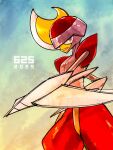  1other arm_blade bisharp colored_skin commentary_request cowboy_shot dated facing_to_the_side fake_horns gradient_background grey_eyes grey_skin helmet high_contrast highres horned_helmet horns looking_to_the_side open_mouth outstretched_arm pokedex_number pokemon pokemon_(creature) pokemon_focus red_trim shoulder_pads thick_thighs thighs two-tone_helmet umi-be-to walking weapon 