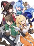  1boy 3girls aqua_(konosuba) arm_up beer_mug black_bodysuit black_gloves black_hair blonde_hair blue_boots blue_eyes blue_hair blue_skirt blush bodysuit boobplate boots bow bowtie braid braided_base breasts brown_boots brown_cape brown_hair cape closed_eyes commentary_request cup darkness_(konosuba) detached_sleeves dress fingerless_gloves gloves green_bow green_bowtie green_cape green_eyes hair_ornament hair_rings highres holding holding_cup holding_mask kono_subarashii_sekai_ni_shukufuku_wo! long_hair mask megumin mishima_kurone mug multiple_girls official_art open_mouth ponytail ponytail_with_braided_base red_dress satou_kazuma single_hair_ring skirt smile sphere_hair_ornament tankard thigh_boots thumbs_up tunic unworn_mask v-shaped_eyebrows white_background white_tunic wooden_cup x_hair_ornament 