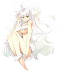  barefoot breasts green_eyes kimura_shiki large_breasts long_hair nude original salute smile solo two-finger_salute underboob very_long_hair white white_background white_hair 