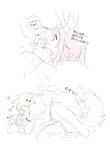  1boy 1girl animal_ears animal_hands bar_censor blush boy_on_top censored closed_eyes commentary_request fellatio gloves hetero highres implied_sex kiss licking licking_penis momomo_(m0_3) ootori_emu oral paw_gloves penis pink_eyes pink_hair project_sekai rabbit_ears saliva shirt tail tenma_tsukasa tongue tongue_out translation_request white_background wolf_ears wolf_tail 