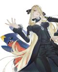 1girl black_coat black_sclera blonde_hair blue_skin breasts cleavage coat colored_sclera colored_skin cynthia_(pokemon) dragon fangs fur-trimmed_coat fur-trimmed_sleeves fur_collar fur_trim garchomp grey_eyes hair_ornament hair_over_one_eye highres long_hair long_sleeves medium_breasts pokemon pokemon_(creature) pokemon_diamond/pearl/platinum shark_fin smile very_long_hair wandzardeen yellow_eyes 
