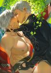  2boys blue_dress blush brothers commentary_request dante_(devil_may_cry) devil_may_cry_(series) dress french_kiss gwynivengrau hand_on_another's_face highres incest kiss male_focus multiple_boys nipples nude plant siblings twincest twins vergil_(devil_may_cry) white_hair yaoi 