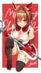  1girl access_fumo animal_ears bare_shoulders black_thighhighs blush breasts brown_hair cleavage closed_mouth commentary_request daiwa_scarlet_(scarlet_nuit_etoile)_(umamusume) daiwa_scarlet_(umamusume) dress ear_covers fur_armlet fur_trim gloves hair_intakes highres holding holding_staff horse_ears horse_girl kneeling large_breasts long_hair looking_at_viewer official_alternate_costume official_alternate_hairstyle one_eye_closed plaid_clothes plaid_dress plaid_sleeves red_dress red_eyes red_gloves santa_costume santa_dress single_ear_cover smile solo staff thighhighs tiara umamusume very_long_hair 