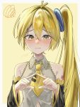  1girl @_@ akita_neru antenna_hair bare_shoulders black_sleeves blonde_hair blush border closed_mouth collared_shirt commentary detached_sleeves embarrassed grey_shirt hair_between_eyes high_side_ponytail highres index_fingers_together kina_562561 long_hair long_sleeves looking_at_viewer navel necktie nose_blush outside_border shirt shoulder_tattoo side_ponytail signature sleeveless sleeveless_shirt solo squiggle tattoo tie_clip untranslatable_commentary upper_body vocaloid white_border wide_sleeves wing_collar yellow_background yellow_eyes yellow_necktie yellow_trim 