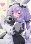  1girl absurdres alternate_costume arknights arknights:_endfield black_bow black_dress black_gloves black_hairband blush bow breasts commentary_request dress elegant_(sumisumi4268) enmaided eyelashes gloves grey_horns hair_bow hair_ribbon hairband heart heart_hands highres horns large_breasts long_hair long_sleeves looking_at_viewer maid open_mouth paid_reward_available pink_eyes puffy_long_sleeves puffy_sleeves purple_hair ribbon solo typhoeus_(arknights) typhon_(arknights) white_bow 