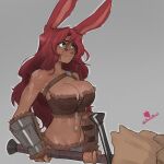  1girl animal_ears aqua_eyes ariana_(malberrybush) artist_logo artist_name bare_shoulders breasts brown_tube_top commentary cropped_torso dark-skinned_female dark_skin english_commentary fur-trimmed_tube_top fur_trim grey_background groin hair_between_eyes highres holding holding_weapon large_breasts logo long_hair malberrybush navel original outline rabbit_ears rabbit_girl red_hair scar simple_background smile solo stomach strapless tube_top upper_body vambraces weapon white_outline 