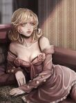  1girl absurdres bare_shoulders blonde_hair blue_eyes breasts cleavage collarbone commentary couch dress dress_flower flower highres indoors jojo_no_kimyou_na_bouken looking_to_the_side lucy_steel on_couch pink_dress pink_flower pink_sleeves ringovalent rose sitting sleeves_past_wrists small_breasts solo steel_ball_run strap_slip traditional_media 