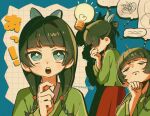  1girl aqua_eyes black_hair chinese_clothes closed_eyes commentary_request green_hanfu hanfu highres kusuriya_no_hitorigoto light_bulb looking_at_viewer maomao_(kusuriya_no_hitorigoto) mayoi_zzz multiple_views open_mouth red_skirt skirt speech_bubble squiggle star-shaped_pupils star_(symbol) symbol-shaped_pupils thinking thought_bubble translation_request twintails 