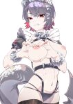  1girl absurdres arm_belt black_hair black_panties black_thighhighs breasts chest_harness clenched_teeth collar commentary_request cowboy_shot dachs115 disgust ellen_joe fangs fingernails fins fish_tail frilled_wristband grabbing_own_breast hair_ornament hairband hands_up harness heart heart-shaped_boob_challenge heart_hands highres large_breasts large_tail looking_at_viewer maid maid_headdress metal_collar metal_hairband mole mole_under_eye multicolored_hair nail_polish navel nipples panties perky_breasts raised_eyebrow razor_blade_hair_ornament red_eyes red_hair red_nails scar scar_on_tail shark_tail short_hair short_sleeves shrug_(clothing) solo spiked_headband stomach tail teeth thighhighs topless_female two-tone_hair unaligned_breasts underwear variant_set variant_set_available wrist_cuffs zenless_zone_zero 