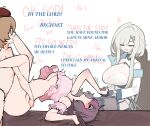  3girls absurdres arched_back armband bare_arms beret black_gloves black_hair blush bottomless breasts brown_hat centurii-chan cleavage clio_aite closed_eyes commentary covered_nipples detached_sleeves english_commentary english_text female_orgasm futa_with_female futanari glasses gloves hair_intakes hat highres himemiya_rie implied_futanari large_breasts legs_up long_sleeves missionary multicolored_hair multiple_girls orgasm phase_connect pink_hair sex sheet_grab short_hair short_sleeves sidelocks simple_background sitting streaked_hair two-tone_hair virtual_youtuber white_background white_hair wilhelmina_frost 