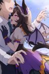  1boy 1girl absurdres animal_ears bat_wings black_gloves black_pants blue_flower blue_necktie blue_rose blue_sky bow breasts brown_hair commentary_request confetti fangs flipped_hair flower frilled_hairband frills gloves glowing glowing_eye hair_over_one_eye hairband halloween_costume highres horse_ears horse_girl horse_tail lace-trimmed_gloves lace_trim long_hair long_sleeves necktie official_alternate_costume open_mouth outdoors pants puffy_short_sleeves puffy_sleeves purple_eyes purple_wings rice_shower_(umamusume) rice_shower_(vampire_makeover!)_(umamusume) rose shirt short_hair short_sleeves skirt sky small_breasts tail trainer_(umamusume) umamusume white_shirt wings y_k_(user_maxh5525) 