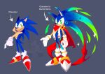  1boy animal_ears animal_nose blue_fur commentary deeoxie english_commentary english_text full_body furry furry_male gachafied_(meme) gloves green_eyes hedgehog_boy highres male_focus meme red_shoes ring_(sonic) shoes short_tail simple_background smile sonic_(series) sonic_the_hedgehog tail white_gloves 