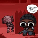  1boy beanie beard black_hat boots brown_boots chibi commentary dark-skinned_male dark_skin english_commentary english_text facial_hair glasses hat highres jacket lunger_(silent_hill) miyan_(oceanmaiden) pants patreon_username red_jacket silent_hill:_townfall silent_hill_(series) simon_ordell speech_bubble zombie 