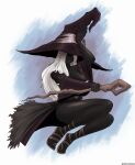  1girl absurdres artist_name ass black_dress black_skin breasts colored_skin commentary dress elden_ring elden_ring_nightreign english_commentary flying full_body gladiator_sandals hat highres holding holding_staff huge_breasts large_hat long_hair long_sleeves purple_hat purple_sleeves recluse_(elden_ring) sandals solo staff white_hair witch_hat wooden_staff zootworks_ok 