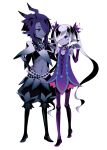  1boy 1girl baggy_pants blue_hair capelet closed_mouth colored_skin commentary_request dress elbow_gloves full_body gloves grey_hair grey_skin hair_over_one_eye long_hair looking_at_another mystic_(sekaiju) mystic_1_(sekaiju) mystic_2_(sekaiju) navel official_alternate_color pants pointy_ears purple_dress ruiko_(sad) sekaiju_no_meikyuu sekaiju_no_meikyuu_4 simple_background smile twintails very_long_hair white_background 