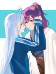 2girls adjusting_another's_hair aqua_background asahina_mafuyu belt belt_buckle blue_jacket brown_pants buckle cardigan closed_mouth commentary cowboy_shot double-parted_bangs eye_contact grey_hair grey_shirt hair_ornament hair_scrunchie hand_up highres jacket kskn0sk long_hair looking_at_another multiple_girls open_cardigan open_clothes open_mouth pants ponytail profile project_sekai purple_eyes purple_hair raised_inner_eyebrows red_belt scrunchie shirt sideways_mouth smile squiggle standing straight_hair striped_clothes striped_scrunchie t-shirt two-tone_background white_background white_cardigan yoisaki_kanade yuri 