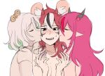  3girls after_fingering animal_ear_fluff animal_ears black_streaks blush breasts bruise bruise_on_finger cecilia_immergreen closed_eyes closed_mouth doll_joints girl_sandwich green_streaks hakos_baelz highres hololive hololive_english horns implied_after_fingering injury irys_(hololive) joints kiss kissing_cheek long_hair lucesamaaa medium_breasts mouse_ears multicolored_hair multiple_girls nude open_mouth pink_hair pointy_ears red_hair sandwiched simple_background streaked_hair virtual_youtuber white_background white_hair white_streaks winding_key yuri 