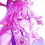 1girl 4pwes animal_ears bare_shoulders breasts bright_pupils brooch commentary_request earrings floating_earrings floating_hair fox_ears fox_girl fox_shadow_puppet gem genshin_impact gold_earrings hair_ornament hand_up headpiece highres japanese_clothes jewelry large_breasts long_hair nontraditional_miko pink_hair purple_gem shirt sidelocks simple_background sleeveless sleeveless_shirt smile solo teeth turtleneck turtleneck_shirt upper_body very_long_hair white_background white_pupils white_shirt yae_miko 