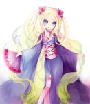  blonde_hair fan flower folding_fan hair_flower hair_ornament hiteihime_(katanagatari) japanese_clothes katanagatari long_hair open_mouth parikari purple_eyes smile solo thighhighs very_long_hair 