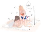  2girls applying_sunscreen barefoot basil_(wgh0anzdple3asf) beach_mat bikini bilingual_commentary blonde_hair blue_hair blush breasts brown_hair closed_eyes commentary crab fang fujishima_megumi girl_on_top gradient_hair hair_bun heart high_ponytail highres korean_commentary korean_text large_breasts long_hair love_live! love_live!_hasu_no_sora_jogakuin_school_idol_club lying mira-cra_park! mixed-language_commentary multicolored_hair multiple_girls nose_blush on_stomach orange_bikini osawa_rurino osawa_rurino_(swimsuit) ponytail purple_eyes simple_background single_hair_bun skin_fang spoken_heart swimsuit translated undone_bikini v-shaped_eyebrows virtual_youtuber white_background yuri 