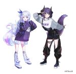  2girls arm_behind_back ayatsuno_yuni belt black_belt closed_mouth commentary_request double_bun dragon_girl dragon_horns dragon_tail full_body grey_hair hair_bun hair_ornament hand_up highres horns kneehighs korean_commentary leg_warmers long_sleeves looking_at_viewer multicolored_hair multicolored_tail multiple_girls official_art open_mouth planetzer_0 pointy_ears purple_eyes purple_hair sakihane_huya salute shirt shoes short_hair simple_background smile socks standing stellive striped_clothes striped_socks tail unicorn_girl virtual_youtuber white_background white_leg_warmers white_shirt white_shoes yellow_eyes 