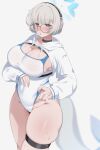  1girl absurdres arm_under_breasts bare_legs black_choker blue_archive blue_halo blush breasts cameltoe cetacean_tail choker cleavage commentary_request curvy fins fish_tail glasses grey_eyes halo headphones highleg highleg_one-piece_swimsuit highres kotone_(blue_archive) large_breasts lips long_sleeves looking_at_viewer miya_xx2 multicolored_one-piece_swimsuit navel one-piece_swimsuit orca_girl parted_lips partial_commentary round_eyewear short_hair shrug_(clothing) simple_background skindentation solo sweat swimsuit tail thick_thighs thigh_strap thighs two-tone_one-piece_swimsuit white_background white_hair white_one-piece_swimsuit white_shrug wide_hips 