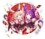 2girls :d adapted_costume alice's_adventures_in_wonderland animal_ear_hairband animal_ears back_cover blurry blurry_foreground boots border bow breasts bright_pupils cane card commentary_request cover fake_animal_ears fleur_de_lapin_uniform floating_hair floppy_ears flower from_above gochuumon_wa_usagi_desu_ka? hairband hand_grab hat hat_flower holding holding_cane hoto_cocoa koi_(koisan) light_blush lipstick long_hair looking_at_viewer lop_rabbit_ears makeup matching_outfits medium_hair mini_hat mini_top_hat multiple_girls official_art open_mouth orange_hair outside_border outstretched_arm outstretched_hand playing_card pleated_skirt puffy_short_sleeves puffy_sleeves purple_bow purple_eyes purple_hair purple_pupils rabbit_ear_hairband rabbit_ears rabbit_house_logo red_border red_bow shadow short_sleeves skirt small_breasts smile standing tedeza_rize textless_version top_hat twintails very_long_hair white_boots wrist_cuffs 
