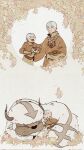  2boys aang appa arrow_(symbol) arrow_tattoo avatar:_the_last_airbender avatar_legends bald bison blue_tattoo chengqi_huguan commentary forehead_tattoo gyatso_(avatar) head_tattoo highres male_focus monk multiple_boys old old_man orange_robe robe sky_bison smile tattoo teacher_and_student untranslatable_commentary 