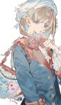  1girl artist_name bag blonde_hair blue_coat blue_eyes bow bowtie buttons character_print character_request coat collared_coat commission copyright_request cowboy_shot dated espeon finger_to_mouth frilled_sleeves frills glaceon hand_up hat looking_at_viewer pokemon red_bag red_bow red_bowtie shirt shoulder_bag signature simple_background solo white_background white_hat white_shirt yuuinai 