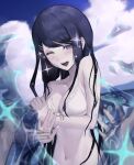  1girl 1other :d ;d alternate_costume bare_shoulders bikini black_hair blue_eyes blue_sky blush bow bow_bikini breasts cleavage cloud collarbone commentary danganronpa:_trigger_happy_havoc danganronpa_(series) day frilled_bikini frills furrowed_brow hair_ornament hairclip half-closed_eye halterneck hands_up highres large_breasts long_hair looking_at_viewer maizono_sayaka navel ocean one_eye_closed open_hands open_mouth outdoors parallel_hairclips pov pov_hands ringed_eyes shiton_(2016sanhime) sky smile solo_focus sparkle stomach swimsuit teeth upper_body upper_teeth_only very_long_hair water water_drop white_bikini white_bow 