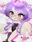  1girl achiiri ahoge animal_ears black_leotard chibi commentary cropped_sweater english_commentary eyeshadow glasses highres jared_(michi_mochievee) leotard makeup michi_mochievee michi_mochievee_(bunny) multicolored_hair open_mouth patchwork_skin purple_hair rabbit-shaped_pupils rabbit_ears rabbit_girl red_pupils round_eyewear single_fishnet_legwear single_thighhigh stitched_face stitches streaked_hair sweater symbol-shaped_pupils thighhighs virtual_youtuber vshojo white_hair yellow_eyes 